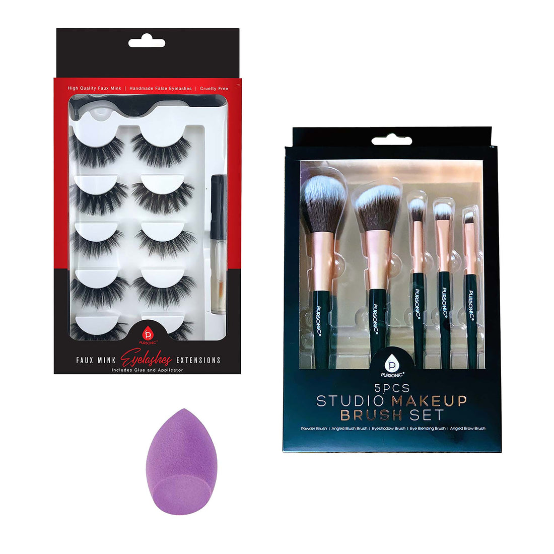 Pursonic Glam Essentials Bundle: 3D Faux Mink Lashes, Makeup Sponge &amp; Brush Set - abtcare.shop