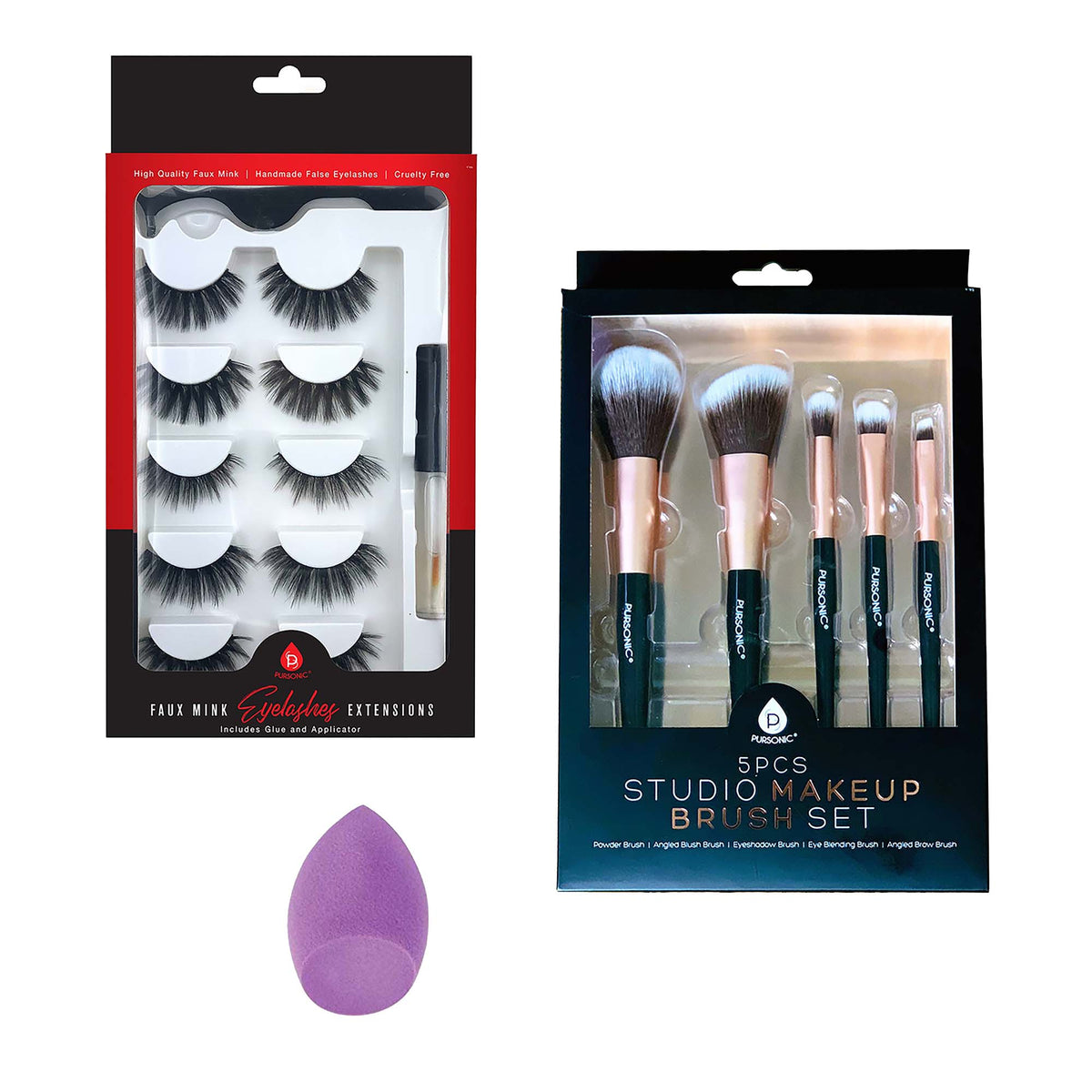 Pursonic Glam Essentials Bundle: 3D Faux Mink Lashes, Makeup Sponge &amp; Brush Set - abtcare.shop